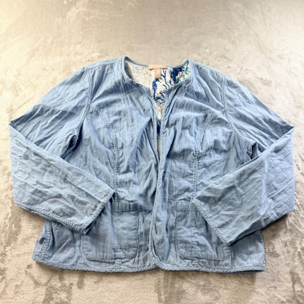 Chico's Light Blue Cotton Quilted Open Front Jacket Women's Size 3 XL